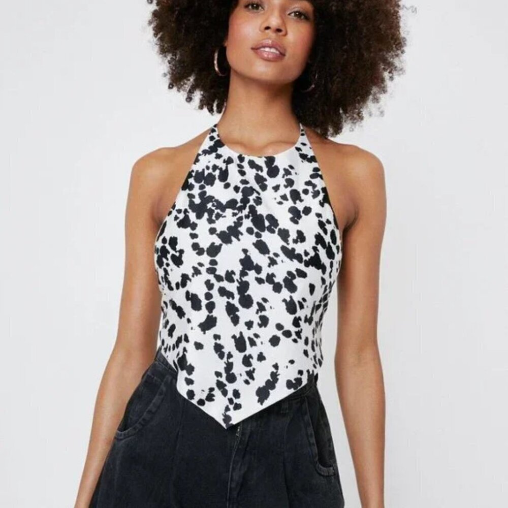 Nasty Gal Halter Tie Back Top 6 Animal Print Backless White Black Spots Western